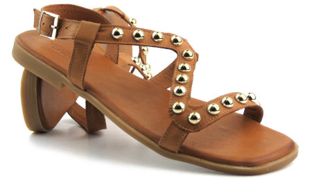 Płaskie sandały damskie ze złotymi kuleczkami - VENEZIA 0003103, brązowe