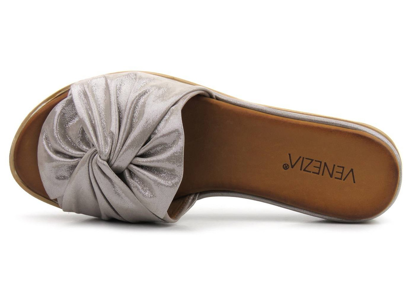 Skórzane klapki damskie z kokardą - VENEZIA 0301330111, szare