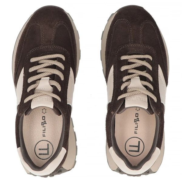 Damskie sneakersy skórzane zamszowe Filippo DP7976/26 brązowe – wygodne półbuty na grubej podeszwie