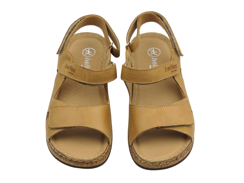 Skórzane sandały damskie na rzepy - Helios 138, jasnobrązowe
