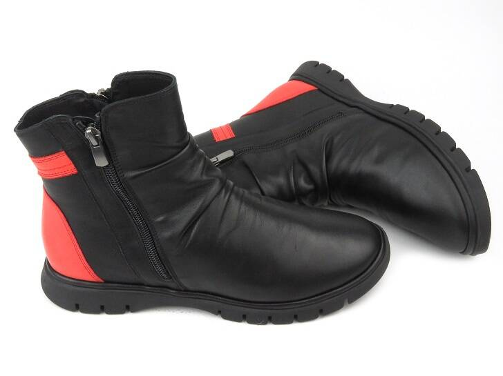 Botki damskie z dwoma suwakami - MANITU 990164-04, czarne z czerwonymi dodatkami