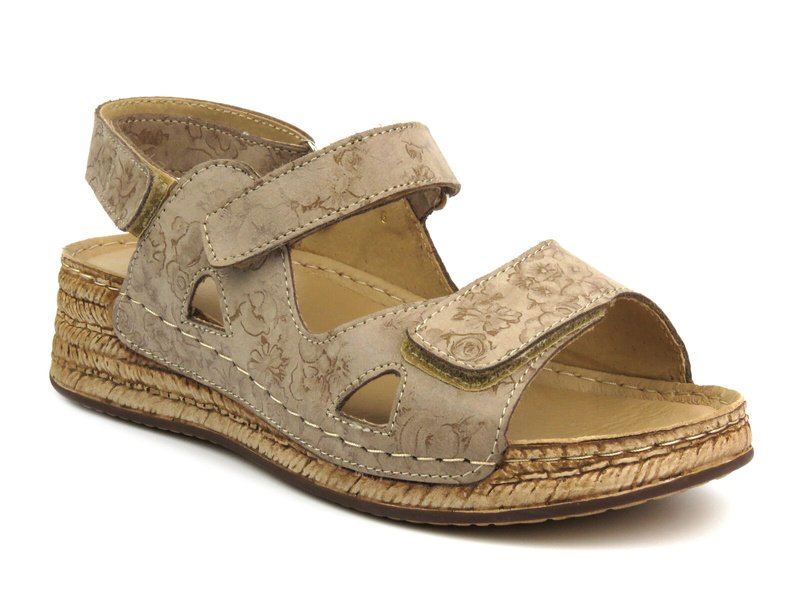 Skórzane sandały damskie na rzepy - Helios 138, beżowe