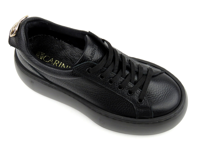 Skórzane buty damskie sportowe na platformie - Carinii B9253, czarne