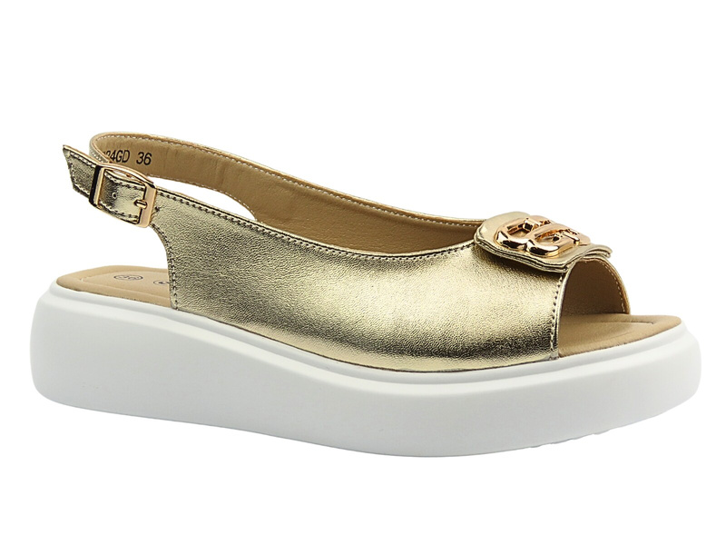 Skórzane sandały damskie na platformie złote Cambell 25-07324