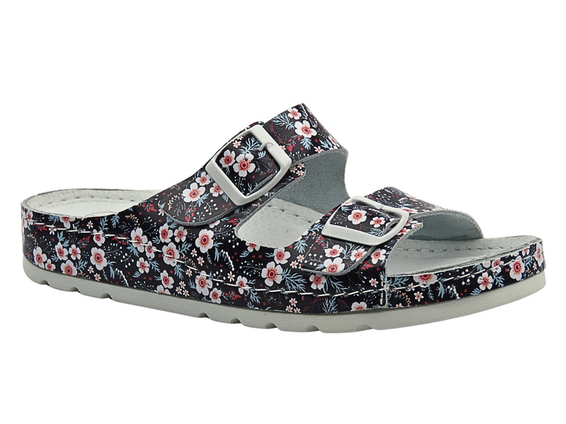 Wygodne klapki damskie lekarskie, sanitarne HELIOS Komfort 288, czarne w kwiaty