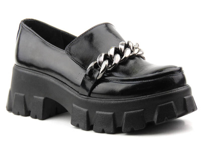 Lakierowane lordsy damskie na grubej platformie - VENEZIA 001770, czarne