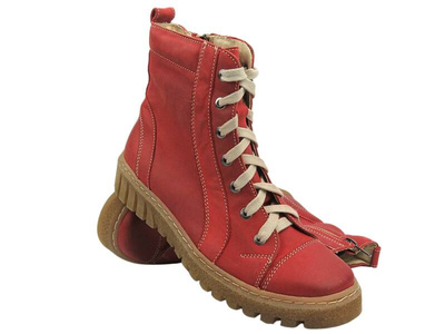 Skórzane Botki Trapery Damskie Polskiej Marki - Helios Komfort 575 Czerwony - Na Zamek