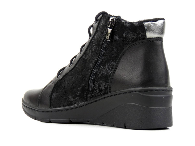 Skórzane botki damskie ze wzorem w kwiaty - HELIOS Komfort 537, czarne 2