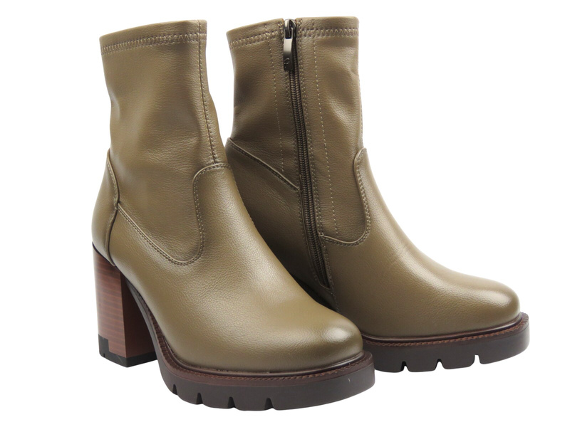 Damskie botki na obcasie - Potocki 25-12419, khaki