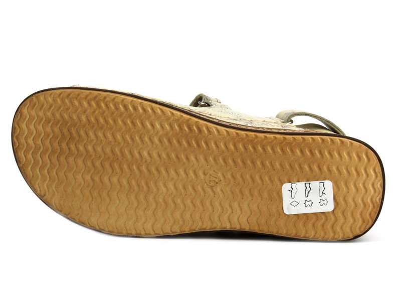 Skórzane sandały damskie na rzepy - Helios 138, ecru w kwiaty