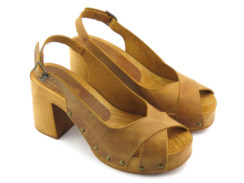 Sandały damskie na drewnianym obcasie - VENEZIA 455 CRAZY TIMBER, brązowe drewniaki