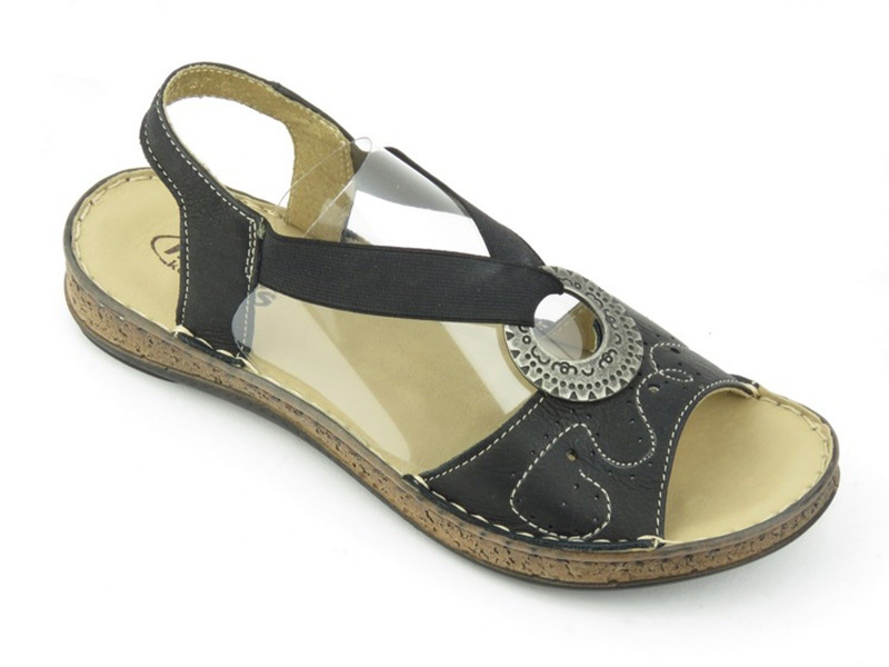 Skórzane sandały damskie z klamrą - Helios Komfort 672, czarne