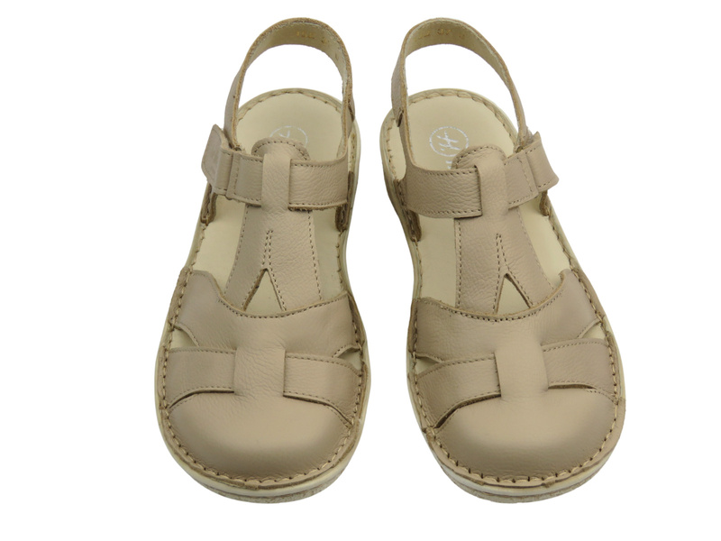 Skórzane sandały damskie z zabudowanym przodem ecru Helios Komfort 152