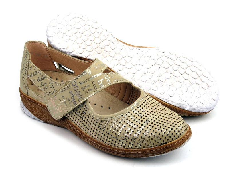 Wygodne półbuty damskie z ażurową cholewką - AXEL Active 1910, beżowo-złote