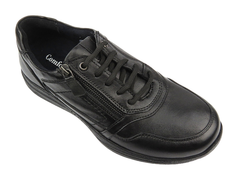 Buty Męskie Skórzane - Comfortabel 640237-01 Czarne Na Zamek