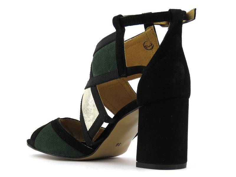 Eleganckie sandały damskie na słupku - MACIEJKA 05181-09, czarne z zielenią i złotem