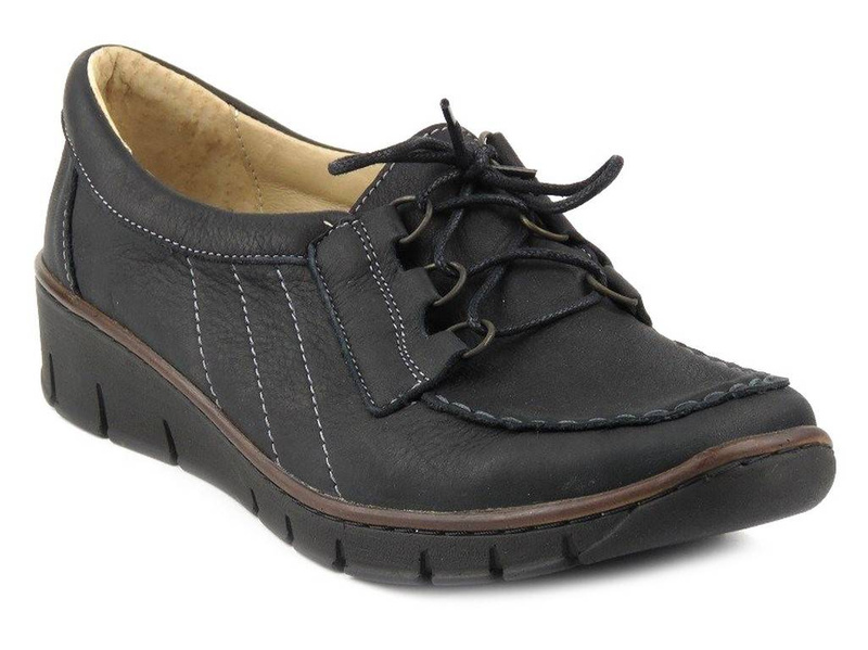 Skórzane półbuty damskie z wiązaniem - HELIOS Komfort 338, czarne