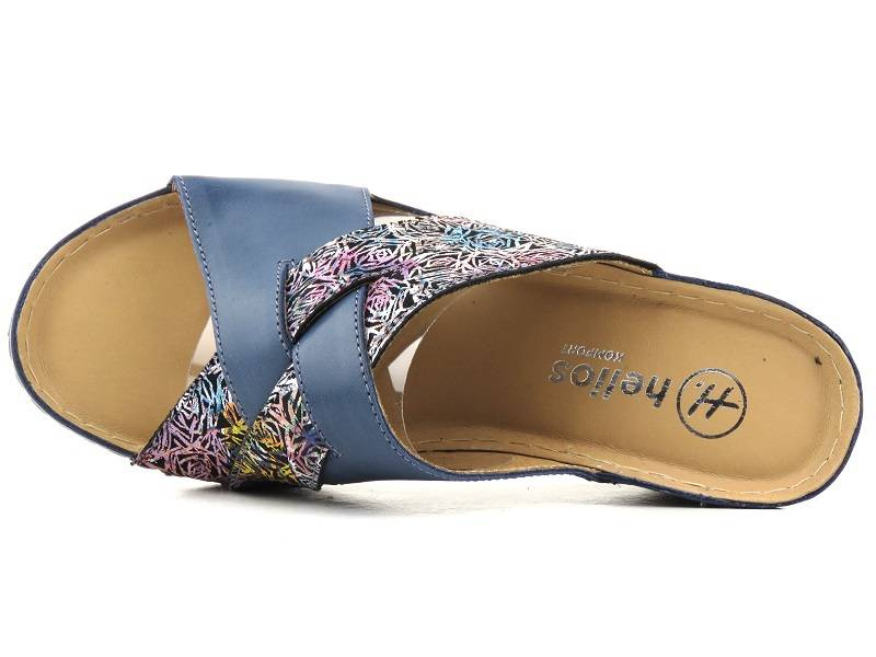 Skórzane klapki damskie na koturnie - HELIOS Komfort 297, granatowe