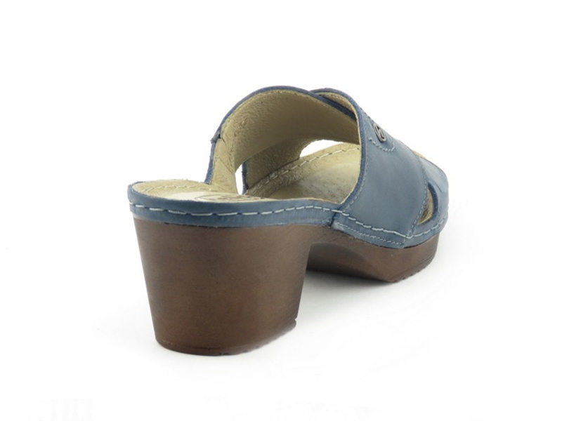 Skórzane klapki damskie na obcasie - HELIOS KOMFORT 224, granatowe