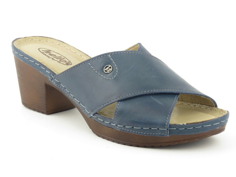 Skórzane klapki damskie na obcasie - HELIOS KOMFORT 224, granatowe