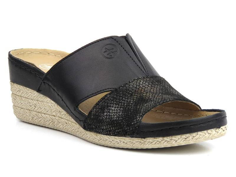 Skórzane klapki damskie na koturnie - HELIOS Komfort 295, czarne