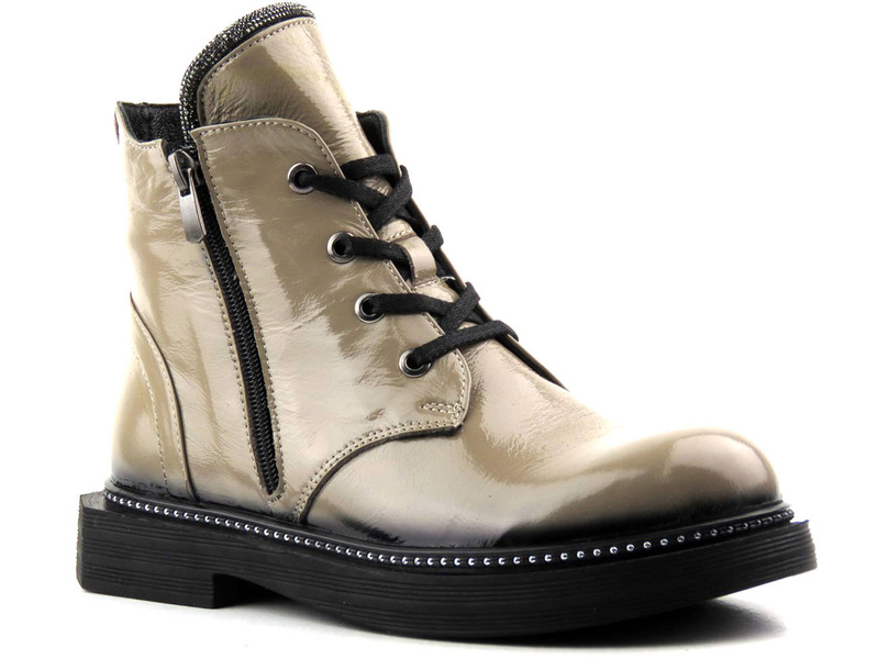 Botki damskie ze skóry lakierowanej - VENEZIA 03-VAN MINK, beżowe