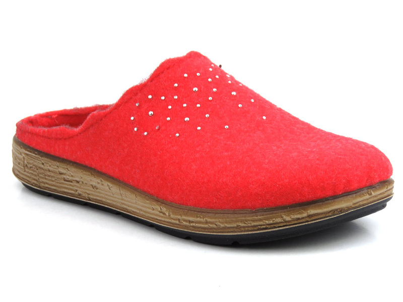 Kapcie damskie z ekologicznego filcu - INBLU ILENA 40337, czerwone z kryształkami