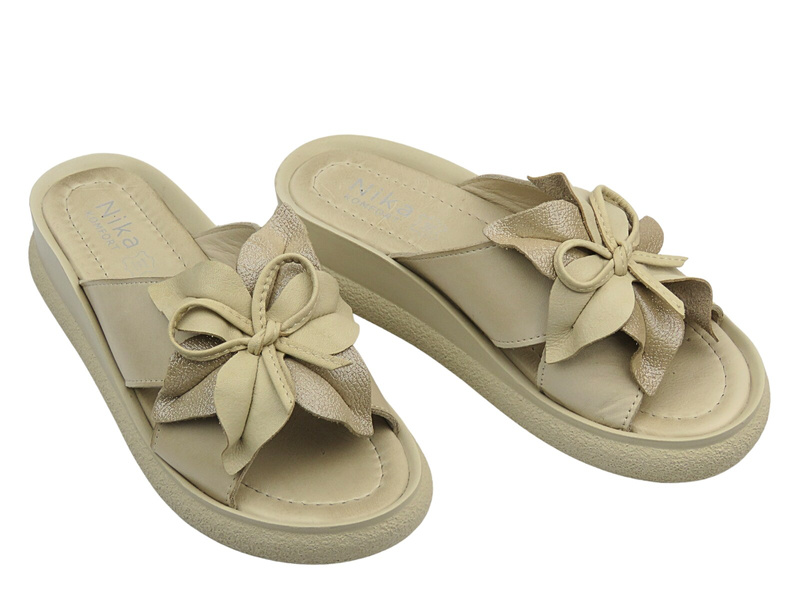 Skórzane klapki beżowe Nika Komfort H-483