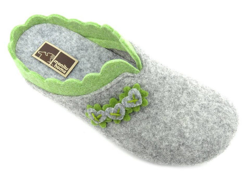 Ciepłe kapcie damskie filcowe - Manitu 320697, szare z zielonym