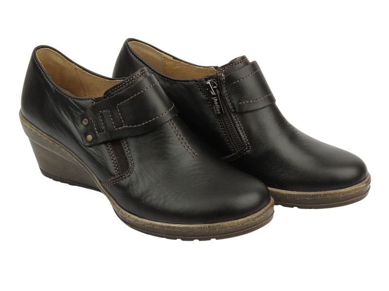 Skórzane półbuty damskie na koturnie - HELIOS Komfort 640, ciemnobrązowe na suwak