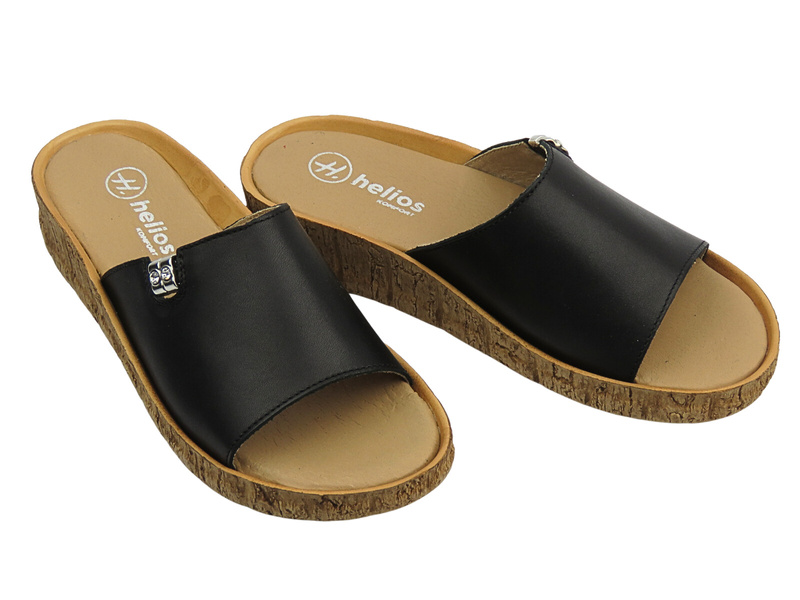 Klapki damskie skórzane płaskie czarne Helios Komfort 130