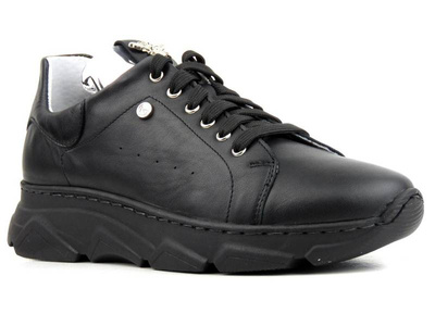 Skórzane sneakersy damskie z pszczołą na języku - NIK 05-0770, czarne