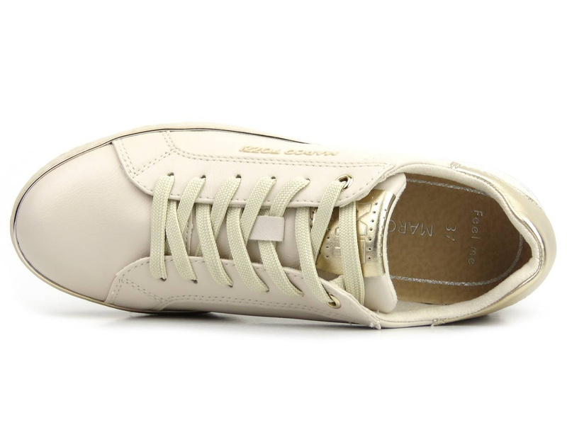 Sneakersy damskie ze skóry ekologicznej - MARCO TOZZI 2-23705-41, beżowe ze złotem