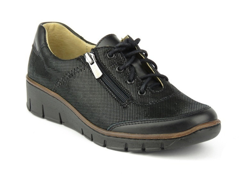 Skórzane sneakersy damskie z suwakiem - Helios Komfort 334, czarne