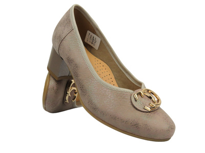 Skórzane czółenka na obcasie - GALANT 3001, beżowe