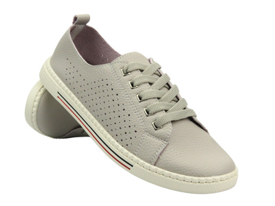 Skórzane półbuty damskie - Nika Komfort H-607, beżowe-sznurowane