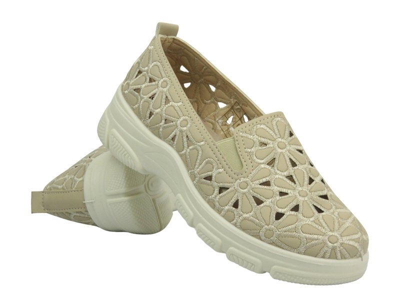 Ażurowe półbuty damskie - Unisoft 23PB02-5592, beżowe