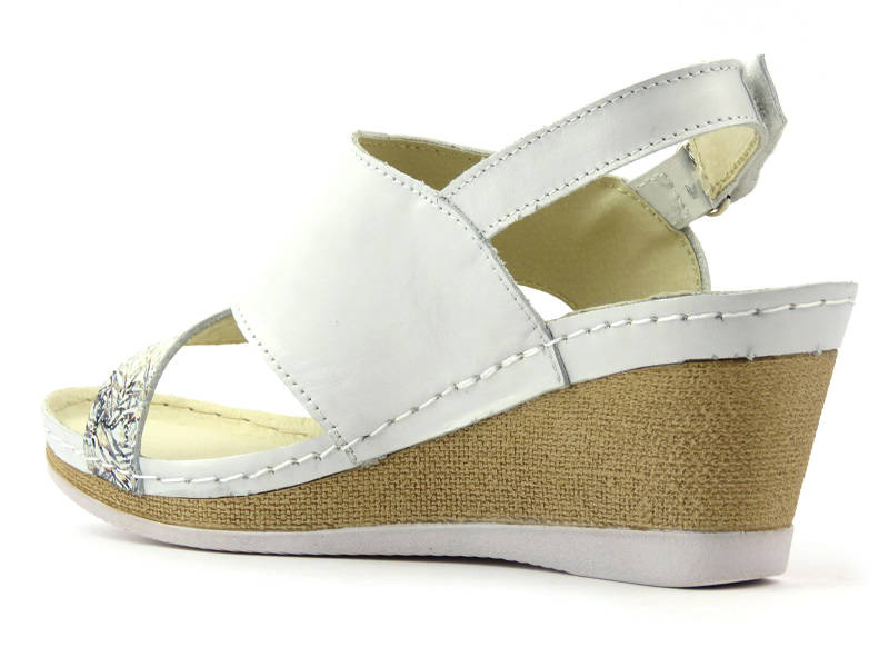Skórzane sandały damskie na koturnie - HELIOS Komfort 299, srebrne