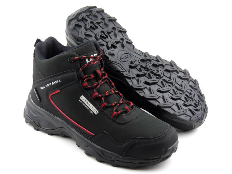 Wysokie trekkingi męskie OUTDOOR DK Aqua Soft Shell 1029, czarne z czerwonym