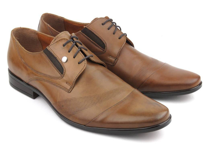 Skórzane półbuty męskie wizytowe - CONHPOL 2644, brązowy