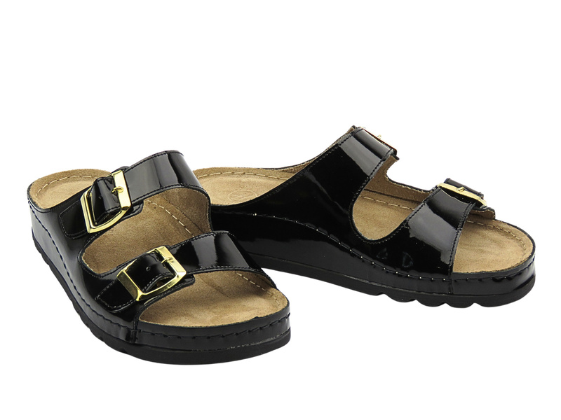 Skórzane klapki damskie z regulowanymi paskami - HELIOS Komfort 288-1, czarne