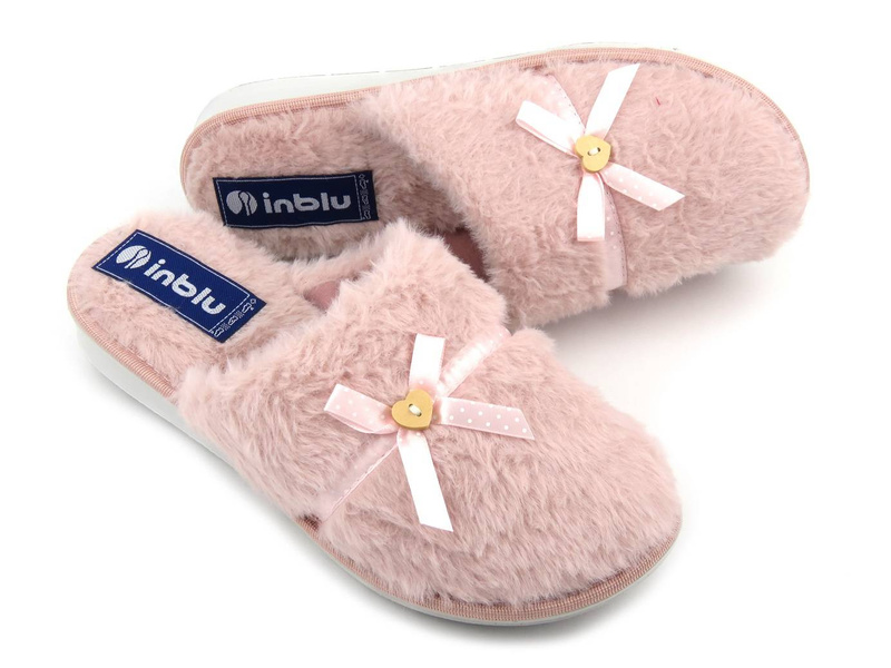 Futerkowe, miękkie kapcie damskie z kokardką - INBLU LB-91, różowe