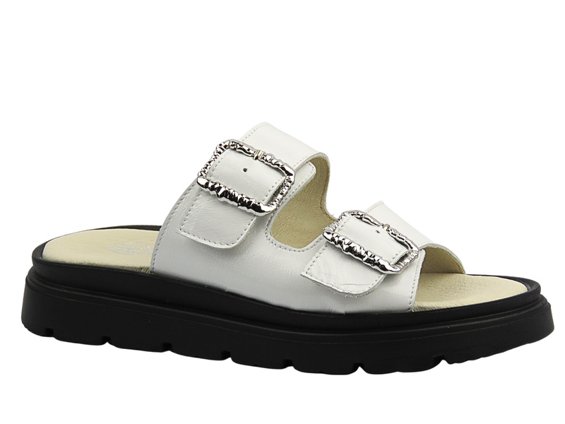 Skórzane klapki damskie z regulowanymi paskami - HELIOS Komfort 158, białe