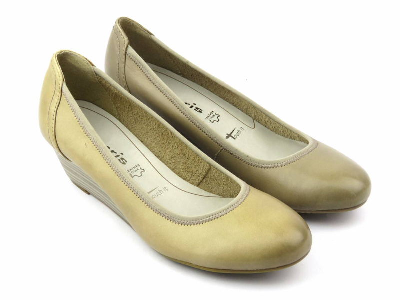 Skórzane czółenka na koturnie - Tamaris 22320, beżowe (II gatunek)