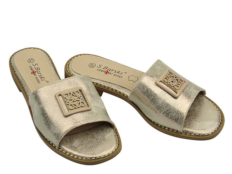 Klapki damskie - S. Barski KV51-089, złote ozdobna klamra