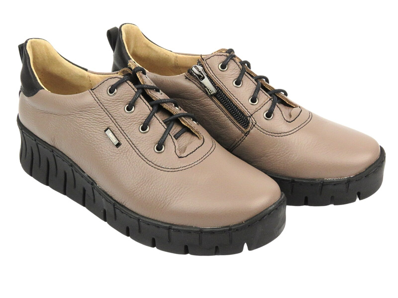 Skórzane półbuty damskie - Helios Komfort 420, khaki
