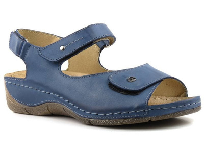 Skórzane sandały damskie na grubej podeszwie - Helios Komfort 266, granatowe