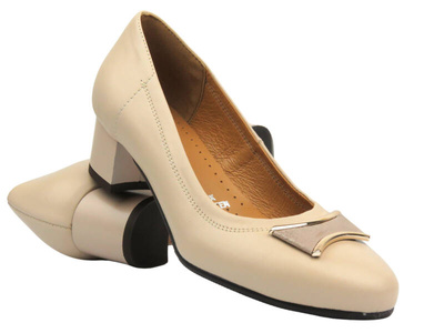 Skórzane czółenka na obcasie - GALANT 3013, beżowe