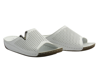 Skórzane klapki damskie na grubej podeszwie białe Nika Komfort H-161