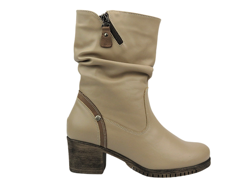 Wygodne, skórzane botki damskie na klocku - Galant Z23-4, beżowe PL